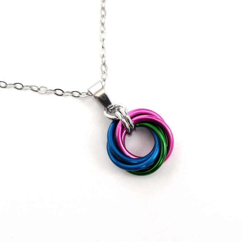 Polysexual pride pendant, chainmail love knot, LGBTQ jewelry